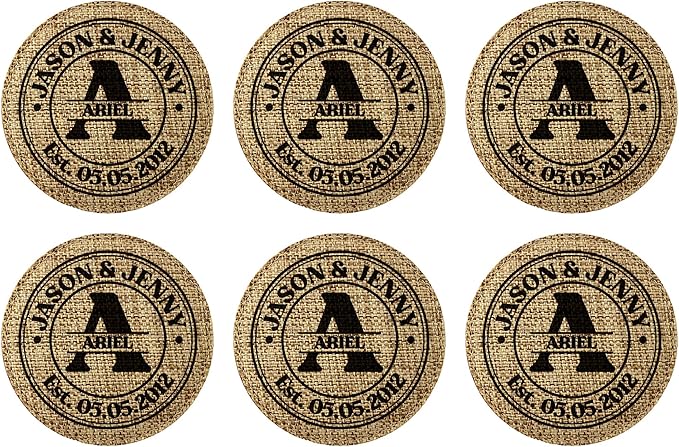 Smile Art Design Family Monogram Custom Coaster Set of 6 with Base Round Burlap Material Family Name Personalized Prints Personalized Gifts Housewarming Wedding Gift Rustic Home Decor Style2