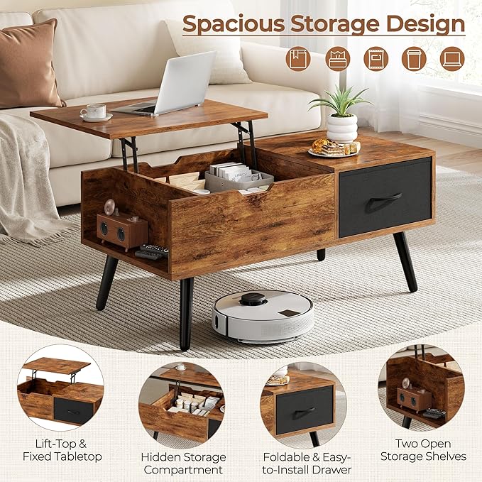 Yaheetech Lift Top Coffee Table for Living Room, Wooden Small Center Tables with Large Storage Shelf Drawer and Hidden Compartment Modern, Rustic Brown