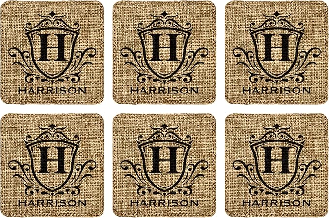 Smile Art Design Family Personalized Monogram Coaster Set of 6 with Base Square Burlap Material Family Name Personalized Prints House Warming Wedding Gift Dining Room Kitchen Rustic Decor Style4