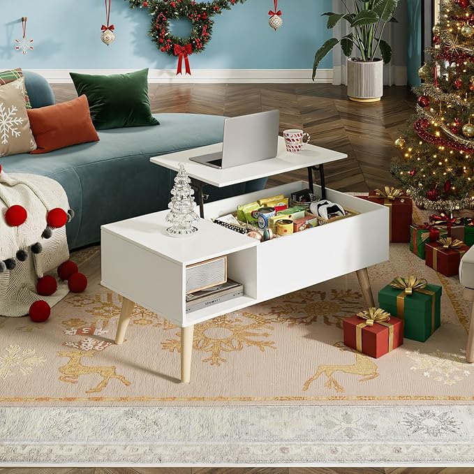 WLIVE Coffee Table for Living Room, Lift Top Coffee Table with Storage, Small Rising Wooden Dining Center Table with Storage Shelf & Hidden Compartment, 39" White