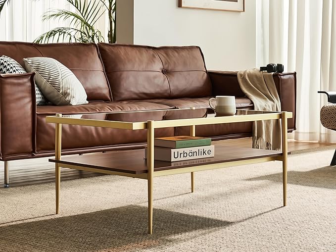 Shrine Rectangle Coffee Table, Mid-Century Modern Design, Two-Tier Walnut MDF Table, 39.4" D x 21.6" W x 17.3" H, Sleek Conical Metal Legs with Gold Finish