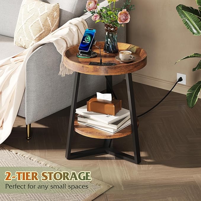 WLIVE Round End Table with Charging Station, Small Round Coffee Table, 2 Tier Side Table for Living Room/Bedroom, Sofa Couch, Wood Tabletop & Metal Frame, Rustic Brown