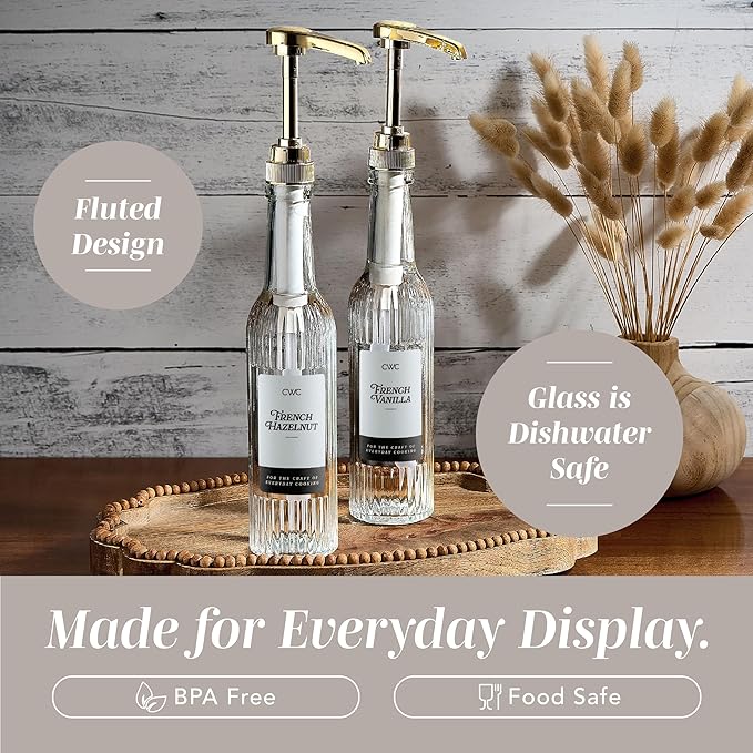 COOK WITH COLOR Glass Coffee Syrup Dispenser with Pump- Set of 2 Syrup Bottles for Coffee Bar, Decorative 350 ML Bottle with Ceramic Holder, Funnel, Labels and Extra Pumps, Textured Clear