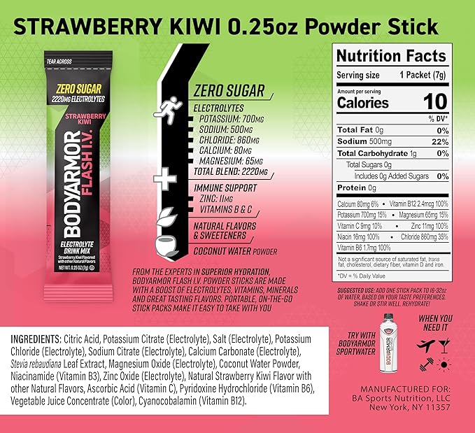BODYARMOR Flash IV Electrolyte Packets, Strawberry Kiwi - Zero Sugar Drink Mix, Coconut Water Powder (6 Count) (Pack of 2)