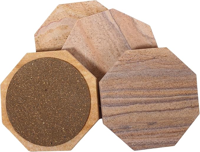 Sandstone Water Absorbent Hand Crafted Octagon Coasters for Drinks- Set of 4-4 inches Wide Thirsty Stone bar/Drink Coasters Made from Real Solid Stone (Without Holder, Set of 4)