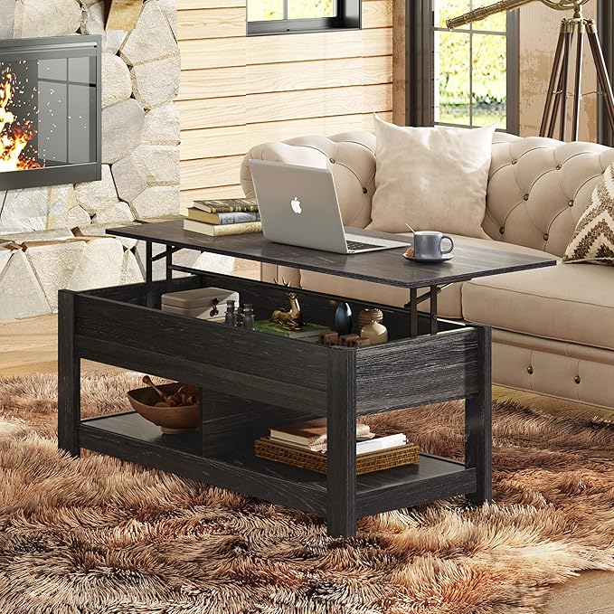 WLIVE Coffee Table, 47" Lift Top Coffee Table with Hidden Compartment and 2 Storage Shelves for Living Room, Black Oak