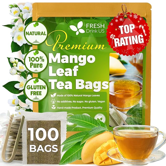 FreshDrinkUS, Premium 100 Mango Leaf Tea Bags, Hojas de Mango secas, 100% Natural & Pure, Loose Leaf Herbal Tea. Non GMO, No Sugar, No Caffeine, No Gluten, Vegan