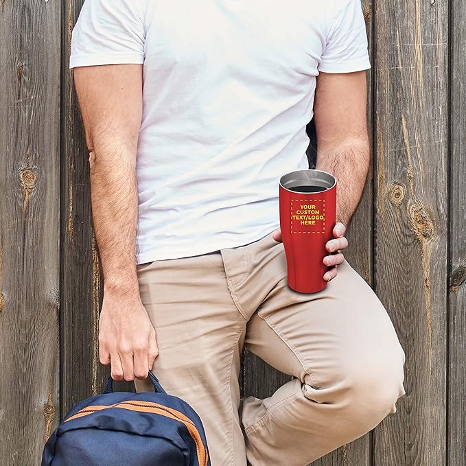 Custom Stainless Steel Grip Travel Mugs 27 oz. Set of 100, Personalized Bulk Pack - Perfect for Coffee, Soda, Other Hot & Cold Beverages - Red