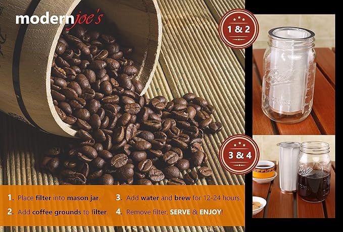 MODERNJOE'S Premium Cold Brew Coffee Filter for 2 Quart Wide Mouth Mason Jars. Cold Brew Coffee Maker. Perfect for Iced Coffee and Tea. Heavy Duty Gauge 100 Micron Mesh 304 Stainless Steel