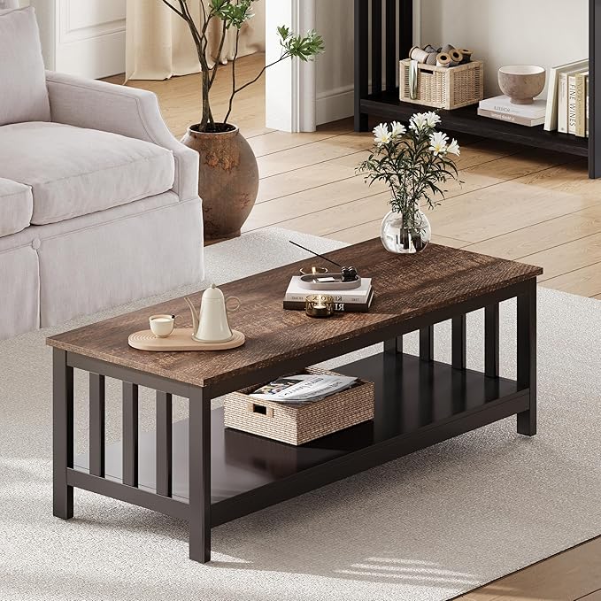 ChooChoo Mission Coffee Table, Wood Living Room Table with Shelf, 47 inch, Espresso