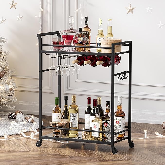 3 Tier Bar Cart, Small Beverage Cart, Mini Bar Cart with Wine Rack, Home Bar Serving Cart with Wheels for Kitchen Dining Living Room (Black, Mirrored)