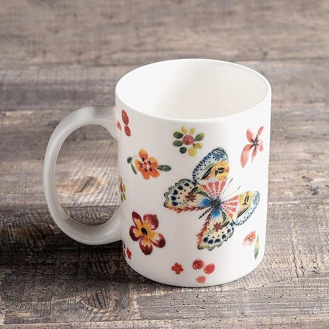 Maison d' Hermine Coffee Mug with Handles Fine Bone China Mugs Pack of One Tea Cups for Hot Beverages Cappuccino Latte Home Office Perfect for Gift (Happy Florals - High Summer Butterfliess, 15 Ounce)