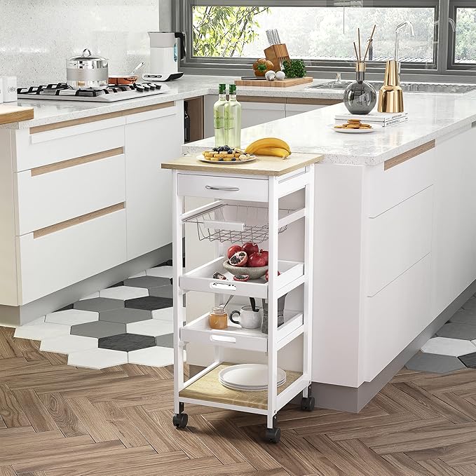 HOMCOM Mobile Kitchen Cart, Rolling Kitchen Island with Storage, Solid Wood Frame Utility Cart with Wire Fruit Baskets, Trays and Drawer, White