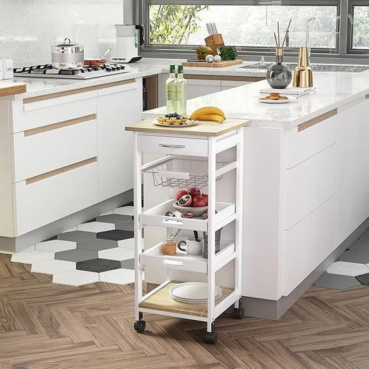HOMCOM Mobile Kitchen Cart, Rolling Kitchen Island with Storage, Solid Wood Frame Utility Cart with Wire Fruit Baskets, Trays and Drawer, White