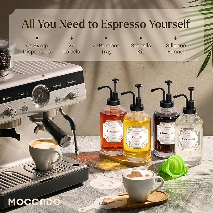 Glass Coffee Syrup Dispenser for Coffee Bar - Set of 4 Black 16.9 oz / 500 ml Glass Syrup Bottles, Includes 2 Bamboo Trays, 16 Stencils, Labels, Syrups Pumps