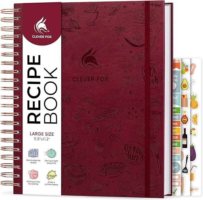 Clever Fox Recipe Book Spiral – Blank Family Cookbook – Empty Cooking Journal – Notebook Organizer to Write In Recipes – Large (Burgundy)