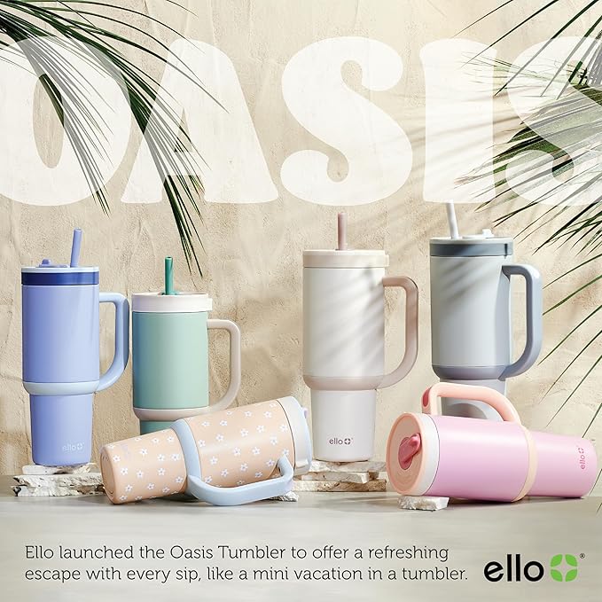Ello Oasis 30 oz Tumbler with Handle & Retracting Straw | Reusable Insulated Stainless Steel Cup 100% Leakproof, Gifts for Teens Women Men | Keeps cold for 24 Hours, Cup Holder Friendly, Cream Tonal