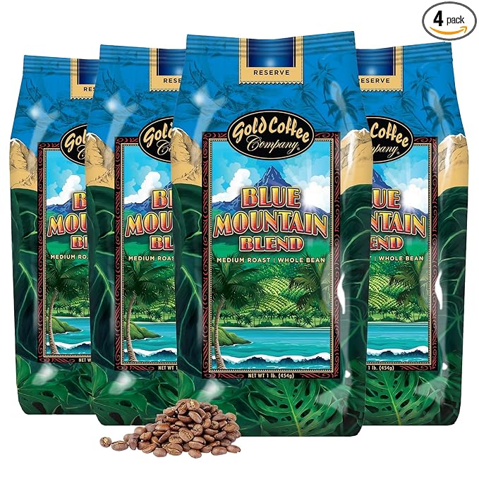 Gold Coffee | Blue Mountain Premium Blend | Medium Roast, Whole Bean | 100% Arabica Coffee | 1 lb. (Pack of 4)
