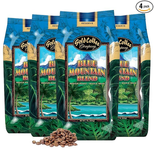 Gold Coffee | Blue Mountain Premium Blend | Medium Roast, Whole Bean | 100% Arabica Coffee | 1 lb. (Pack of 4)