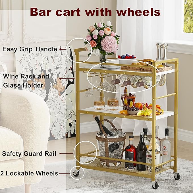3 Tier Bar Cart Gold, Stylish Rolling Bar Cart, Gold Wine Cart with Wheels, Small Beverage cart, Metal Bar Carts Home, Liquor Cart with Glass Holders & Wine Rack for Kitchen Living Room GBC507G