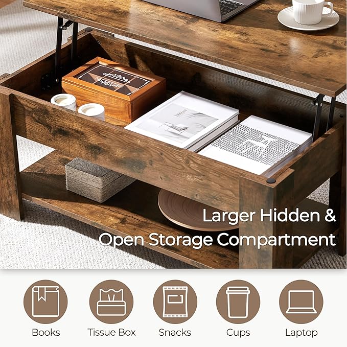 Yaheetech Coffee Table, Lift Top Coffee Table with Large Hidden Storage Shelf, Lift Tabletop Dining Table for Living Room, Home Small Space, 38.6in, Rustic Brown