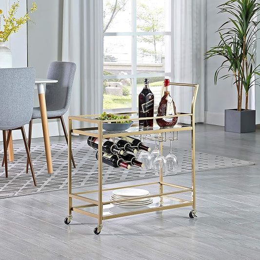 FirsTime & Co. Gold Francesca Bar Cart, 2 Tier Mobile Mini Bar, Kitchen Serving Cart and Coffee Station with Storage for Wine and Glasses, Metal and Glass, Modern