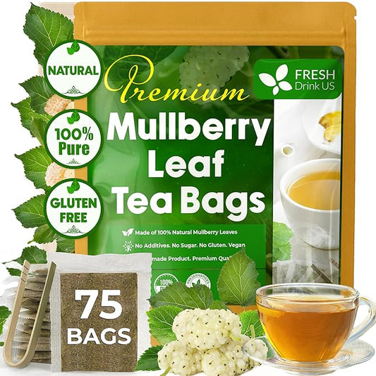 FreshDrinkUS, Premium 75 Mulberry Leaf Tea Bags, 100% Natural & Pure from Mulberry Leaves. Loose Leaf Herbal Tea. Made with Natural Material Tea Bags. No Sugar, No Caffeine, No Gluten, Vegan.