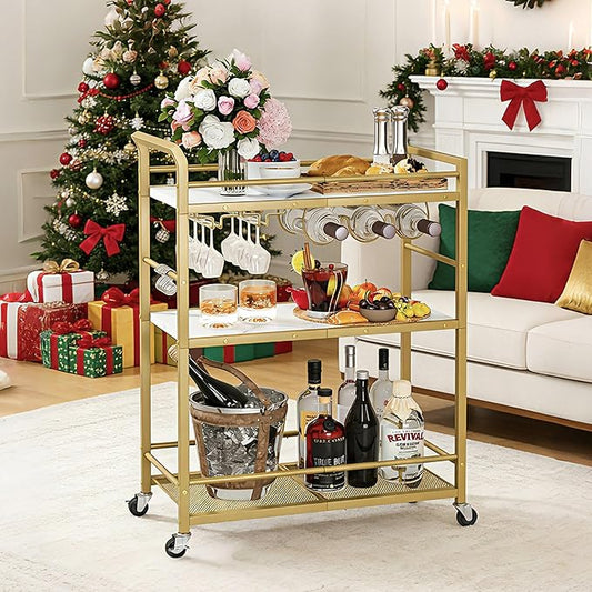3 Tier Bar Cart Gold, Stylish Rolling Bar Cart, Gold Wine Cart with Wheels, Small Beverage cart, Metal Bar Carts Home, Liquor Cart with Glass Holders & Wine Rack for Kitchen Living Room GBC507G