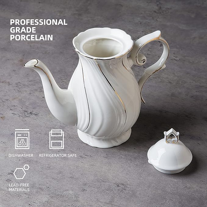 tea pot ceramic with lid, 38.8 Oz for Tea, Milk, Coffee, Flower tea(White with gold thread)