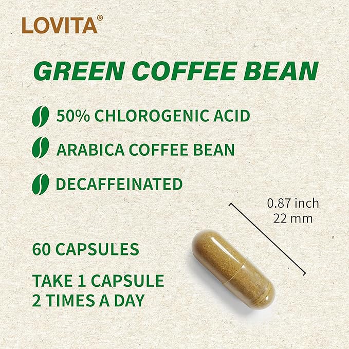 Lovita Green Coffee Bean Extract, 50% Chlorogenic Acid for Metabolism, Energy & Weight Management, 800 mg per Day, Vegan, Non-GMO, Gluten-Free, Natural Antioxidant Supplement, 180 Capsules