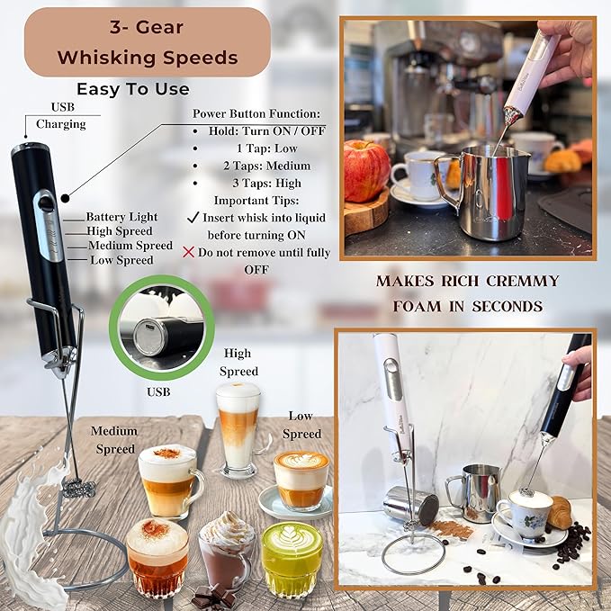 Milk Frother Handheld Rechargeable, 3-Speed Electric Frother Wand Whisk, Foam Maker Drink Mixer with Stand, 2 Whisks Coffee Frother for Latte, Cappuccino, Matcha, Cocoa, Eggs, Black-1