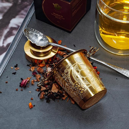 Luxury Tea Strainer Basket Gift Set - Gold Plated Infuser with Engraved Floral Motifs, Crystal Accent Chain for Loose Leaf Tea, Fine Mesh Filter & Ergonomic Handle