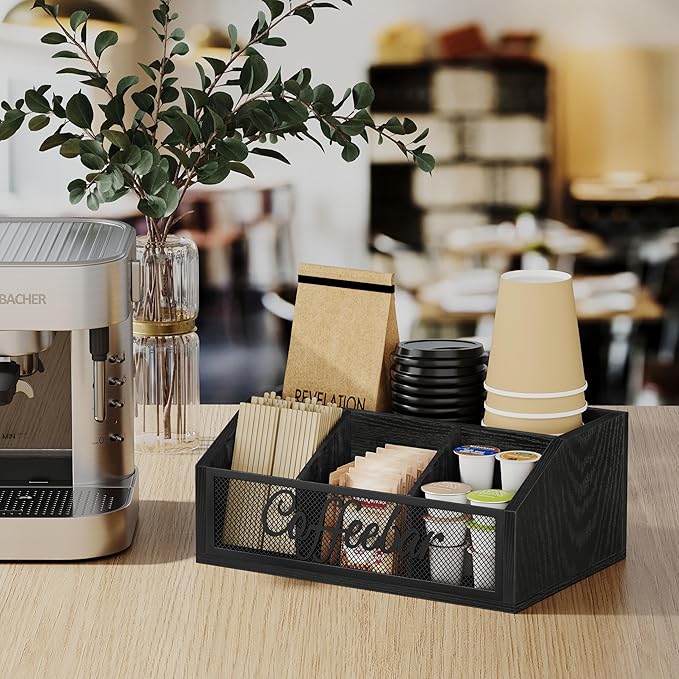 YINMIT Coffee Station Organizer for Countertop, Wood Coffee Bar Organizer with Removable Dividers for Pods, Syrup, Cups, Stirrer, Tea - Office Bar Accessories, Black