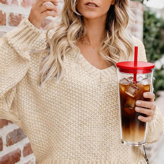 24oz Tumbler with Lid and Straw, Leak Proof and Double Wall Insulated Reusable Plastic Cups,Travel Reusable Iced Coffee Cup (1, Red)