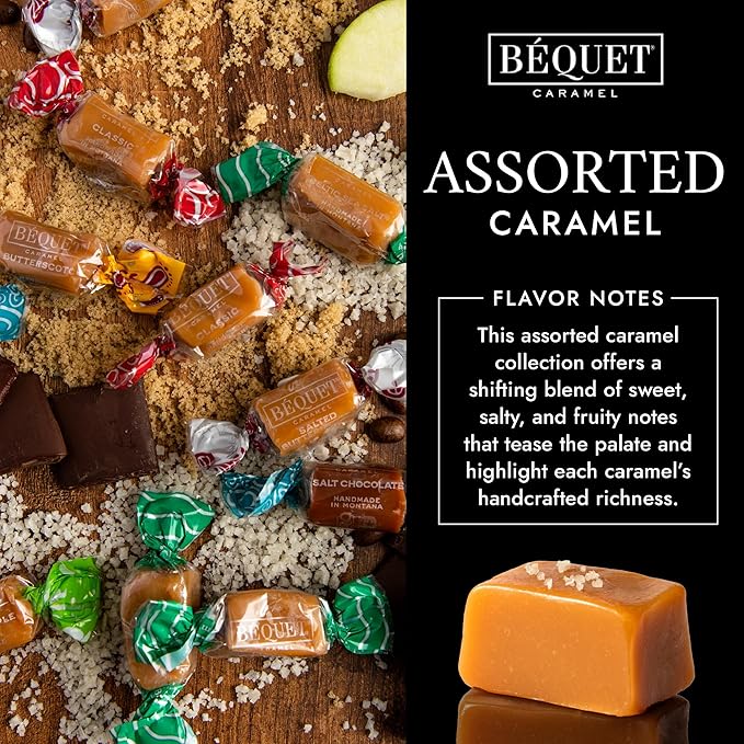 Béquet Assorted Caramels - Gourmet Individually Wrapped Candy Variety Pack - Celtic Sea Salt, Salt Chocolate, Classic Vanilla, Butterscotch, Green Apple, Salted Mocha & Salted Butterscotch - 8 oz Gift Bag