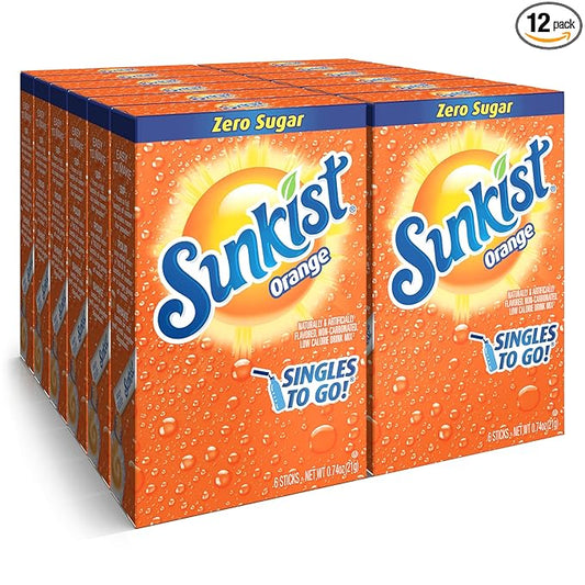 Sunkist Soda Orange Singles To Go Drink Mix, 12 Boxes with 6 Packets Each - 72 Total Servings