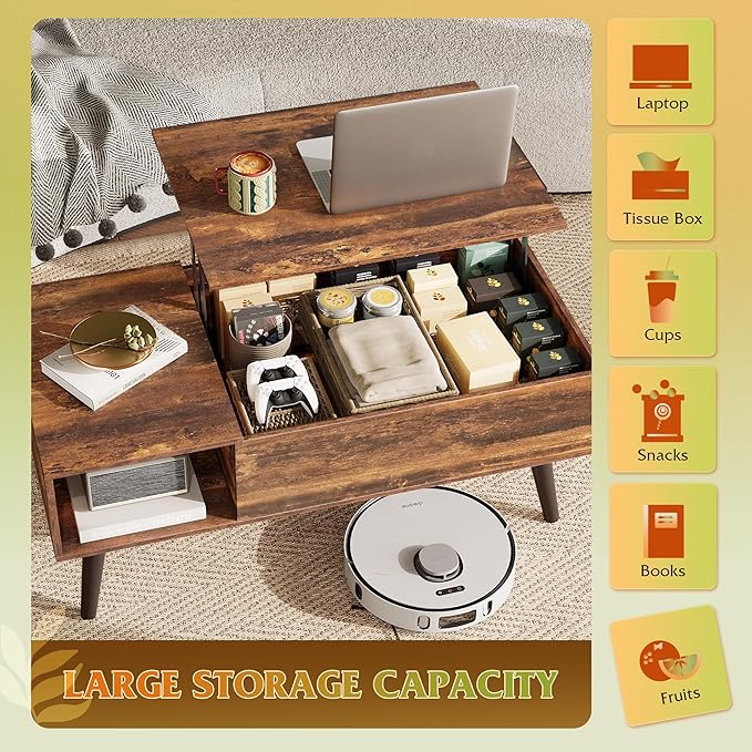 WLIVE Coffee Table for Living Room, Lift Top Coffee Table with Storage, Small Rising Wooden Dining Center Table with Storage Shelf & Hidden Compartment, 39" Rustic Brown