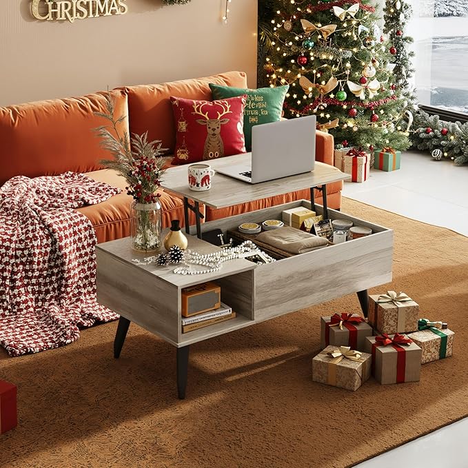 WLIVE Coffee Table for Living Room, Lift Top Coffee Table with Storage, Small Rising Wooden Dining Center Table with Storage Shelf & Hidden Compartment, 39" Greige