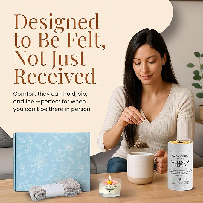 Wellness Tea Care Package for Women – Relaxation & Self-Care Gift Box with Cozy Cloud Socks, Ceramic Mug, Hand-Poured Candle & Sending Hugs Card (Wellness Blend)