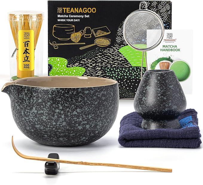 TEANAGOO Matcha Whisk Set Black,7 Pcs Matcha Set,Matcha Kit for Ceremony,Tradition Tea Set for Making Breakfast/Latte,Matcha Whisk Set with Bowl(Chawan)/Whisk and Holder,Gift for Family/Friend