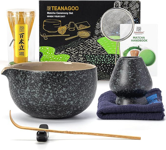 TEANAGOO Matcha Whisk Set Black,7 Pcs Matcha Set,Matcha Kit for Ceremony,Tradition Tea Set for Making Breakfast/Latte,Matcha Whisk Set with Bowl(Chawan)/Whisk and Holder,Gift for Family/Friend