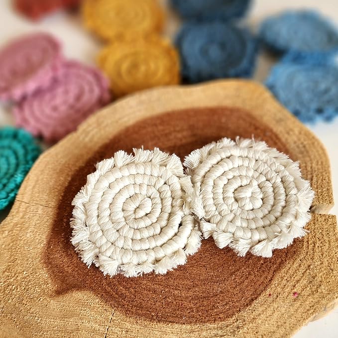 Cotton Car Coasters for Cup Holders, 2PC Car Cup Coasters, Drink Coaster Holder, Cute cupholder Coaster Accessories for Women, Macrame, Boho (Vanilla White)