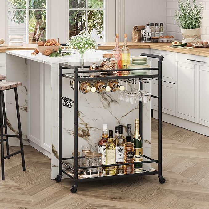 3 Tier Bar Cart, Small Beverage Cart, Mini Bar Cart with Wine Rack, Home Bar Serving Cart with Wheels for Kitchen Dining Living Room (Black, Mirrored)