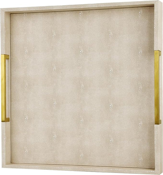 HofferRuffer Faux Leather Serving Tray with Gold Metal Handles, Stylish Decorative Tray Organizer for Coffee Table, Ottoman, Home Decor and Serving (LightGrey Shagreen, 18.9" x 18.9" x 2")