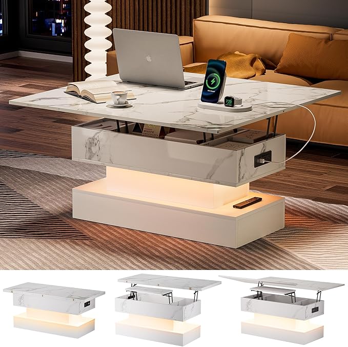39.4" Lift Top Coffee Table with Charging Station, High-Glossy Marbling Print Center Table with Hidden Compartment Storage, LED Coffee Table for Living Room, White