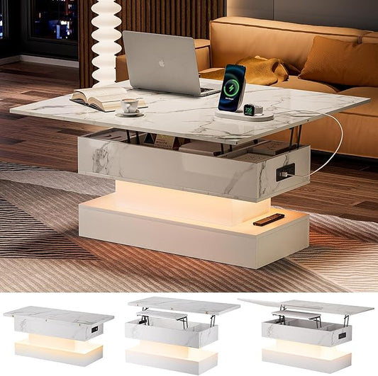 39.4" Lift Top Coffee Table with Charging Station, High-Glossy Marbling Print Center Table with Hidden Compartment Storage, LED Coffee Table for Living Room, White
