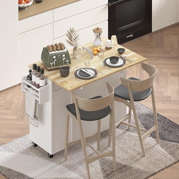 Kitchen Island with Storage, Rolling Kitchen Islands Cart with Solid Wood Countertop, Mobile Drop Leaf Kitchen Prep Table on Wheels with Wine Rack and Drawers