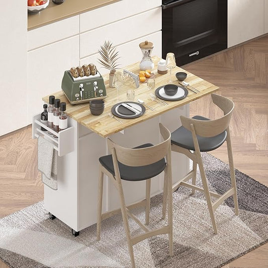Kitchen Island with Storage, Rolling Kitchen Islands Cart with Solid Wood Countertop, Mobile Drop Leaf Kitchen Prep Table on Wheels with Wine Rack and Drawers