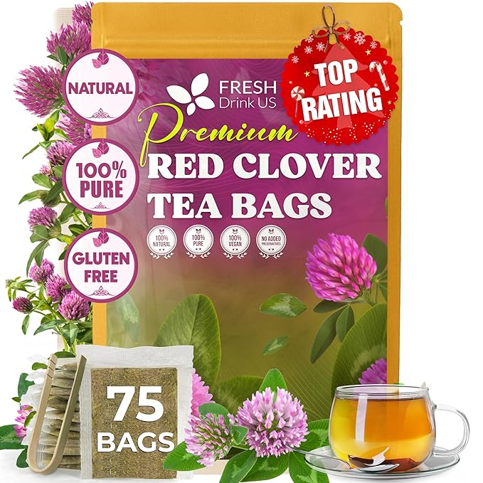 FreshDrinkUS, Premium Red Clover Herbal Tea– 75 Tea Bags – Pure – Naturally Smooth & Mild Flavor – Premium Quality, Eco-Conscious Packaging. Caffeine-Free. Gluten Free. Vegan