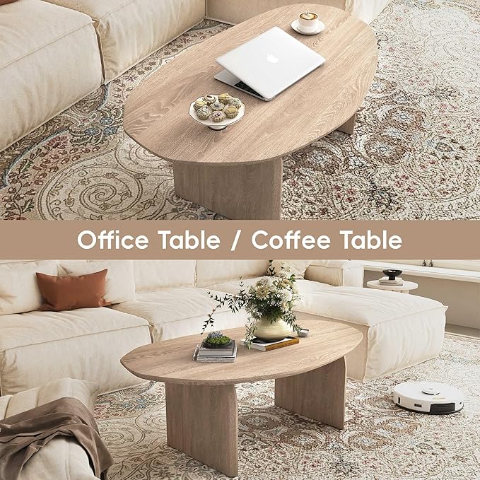 Honyee Oval Coffee Table, 47.2" Wood Coffee Table for Living Room, Modern Wooden Center Table with Solid Wood Veneer Legs, Sturdy Rounded Edge Design, Easy Assembly, Apartment Friendly, Natural